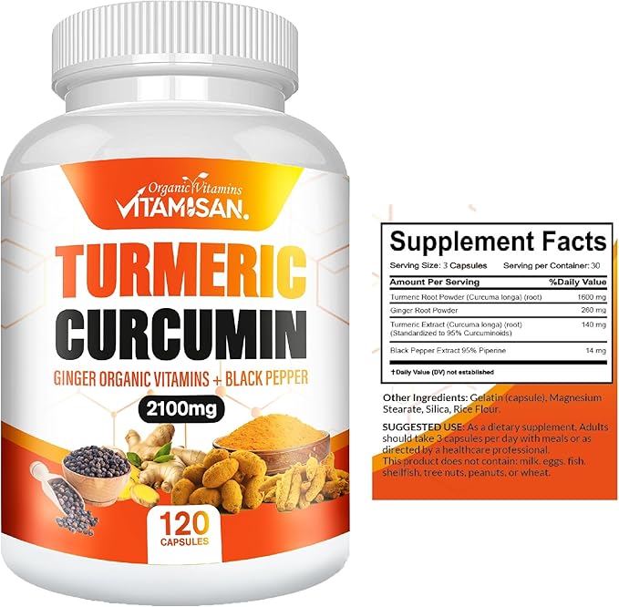 VITAMISAN Turmeric Curcumin 2100mg with Ginger &amp Black Pepper – 2 Pack (120 Capsules Each) – Herbal Supplement for General Wellness – Non-GMO – Made in USA
