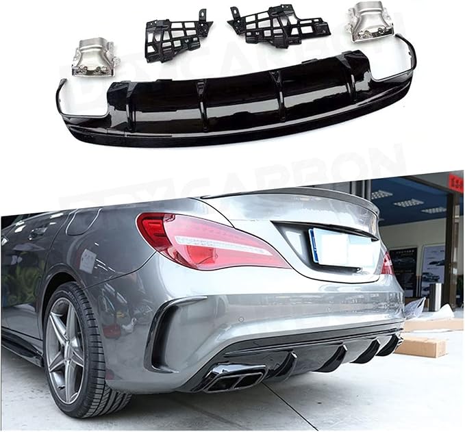 Compatible for CLA Class W117 CLA260 CLA45 AMG 2013-2018 PP Rear Bumper Lip Diffuser Spoiler with Exhaust Rear Lip Skid Plate(2016-2018 Black)