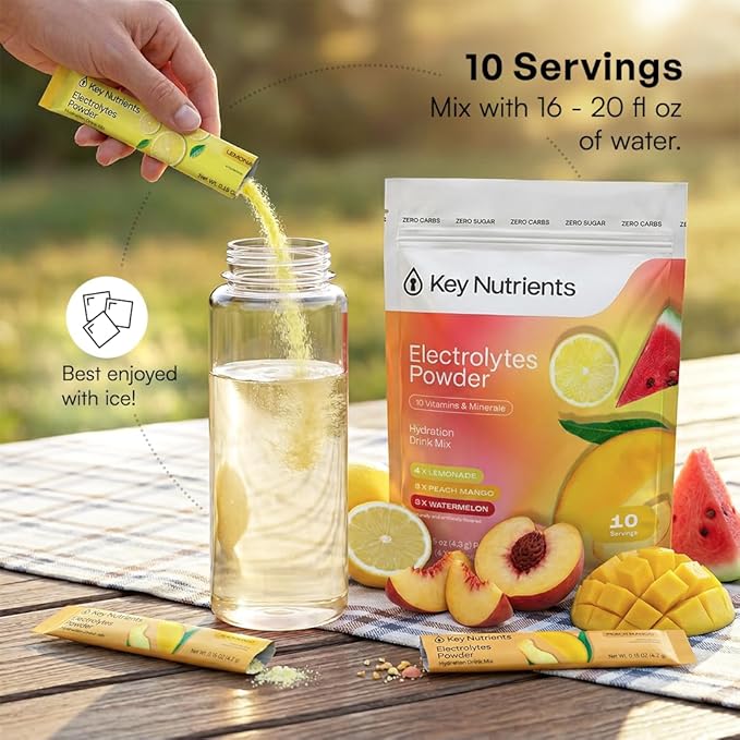 KEY NUTRIENTS Electrolytes Powder Packets – Variety Pack – Sugar Free Hydration Drink Mix – Keto Electrolytes Hydration Packets – Improved Refreshing Taste Lemonade Peach Mango &amp Watermelon – 10