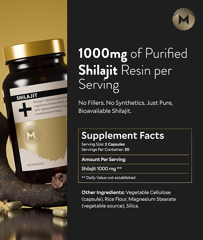 Manna Vitality Shilajit+ Capsules | 1000mg Purified Himalayan Shilajit Resin Supplement | Highest Bioavailability | Energy Performance Detox Vitality Mental Clarity &amp Cognitive Support | 60 Co