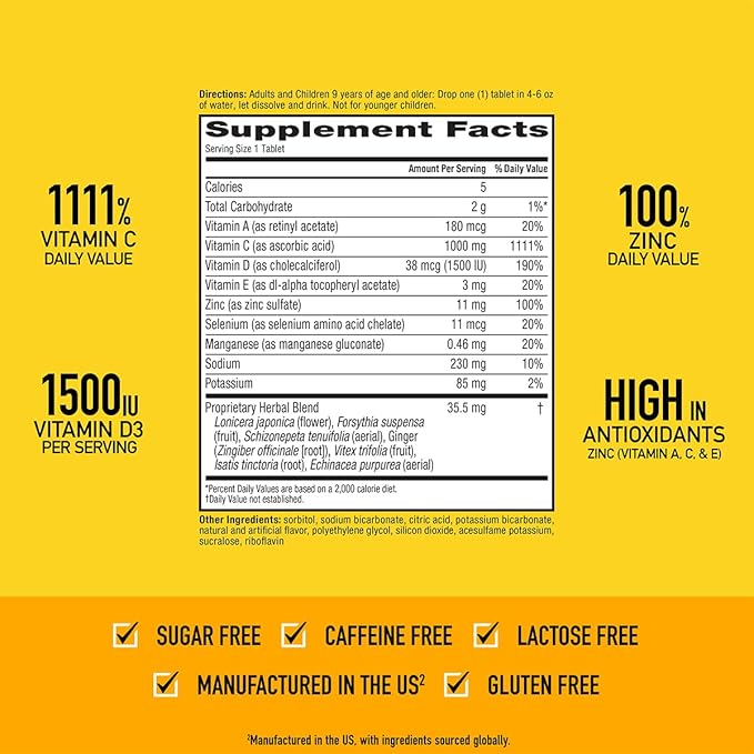 Airborne 1000mg Vitamin C + Zinc Sugar Free Multivitamin Immune Support Effervescent Fizzy Drink Tablets Zesty Orange Flavor with Powerful Antioxidants Vitamins A C &amp E 30 Tablets (3 Pack)