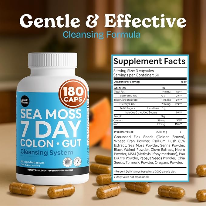 Atlantic Naturals Sea Moss 7 Day Colon &amp Gut | Enriched with Psyllium Husk Senna Powder Turmeric &amp Herbs | Supports Digestive Health Bloating &amp Natural Flushing for Women &amp Men | 1