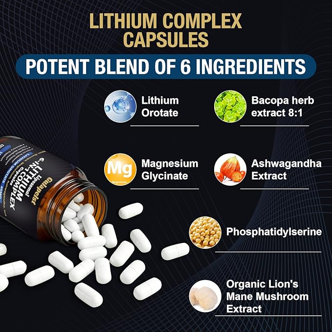 2 Packs Lisopomal Lithium Orotate Complex Capsules Lithium Orotate 20 mg Magnesium Glycinate &amp Ashwagandha Brain Health Supplements for Cognitive Mood &amp Memory – Non-GMO 240 Vegan Capsule