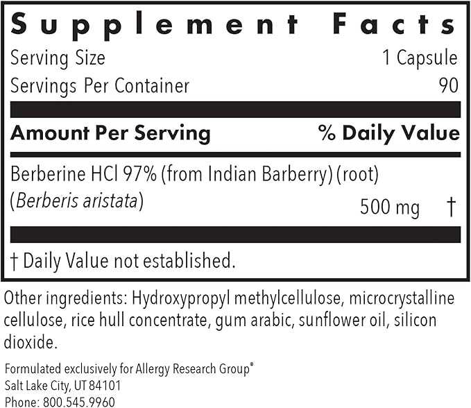 Allergy Research Group Berberine 500mg Supplement - Multi-Faceted Metabolic Support Supports Healthy Cholesterol Indian Barberry Root Hypoallergenic Vegetarian Capsules - 90 Count