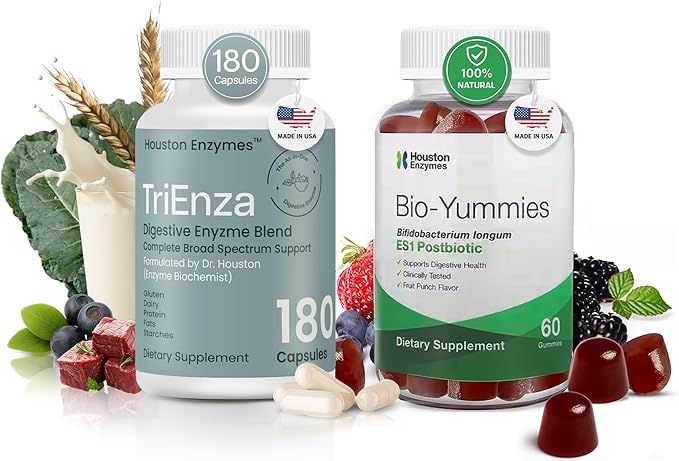 Houston Enzymes Digestive Health Bundle - TriEnza Digestive Enzymes for Women &amp Men 180 Capsules &amp BioYummies Postbiotic Supplement 60ct ES1 Postbiotic Metabolites from Prebiotics and Probio