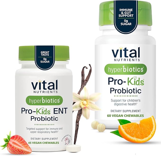 Hyperbiotics Vital Nutrients Children’s Health Bundle – ENT Formula with BLIS (45 Sugar-Free Strawberry-Vanilla Chewables) &amp Daily Digestive Support (60 Sugar-Free Orange Tablets) for Gut &amp Im