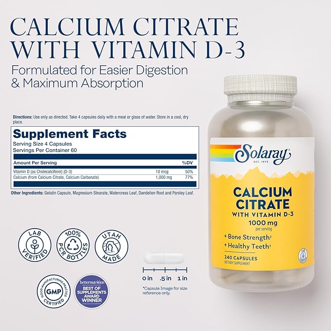 Solaray Calcium Citrate with Vitamin D3 1000mg - Bone Strength and Healthy Teeth Support - Gentle Digestion Formula - Lab Verified 60-Day Guarantee - 60 Servings 240 Capsules