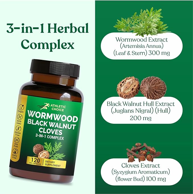 Wormwood Black Walnut Clove Complex 3-in-1 Formula with Sweet Wormwood Extract 120 Veggie Capsules Non-GMO &amp Gluten-Free Herbal Supplement for Adults