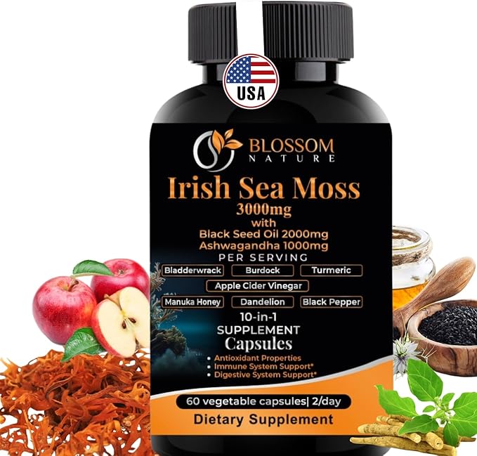 10-in-1 Irish Sea Moss Veggie Caps 3000mg Black Seed Oil Ashwagandha Bladderwrack Burdock Turmeric Apple Cider Vinegar Manuka Honey Dandelion Black Pepper - Made in US(Veggie Caps Unflavored)