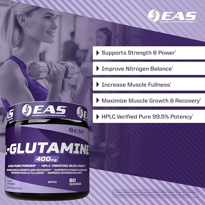 EAS L-Glutamine Powder | 99.5% Purity AjiPure Glutamine | Maximize Muscle Growth &amp Recovery | Improve Nitrogen Balance | 400mg 80 Servings (Unflavored)