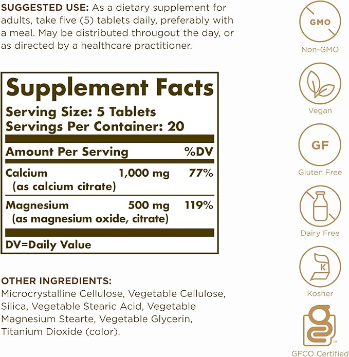 Solgar Calcium Magnesium Citrate - 100 Tablets Pack of 2 - Non-GMO Vegan Gluten Free Kosher - 40 Total Servings
