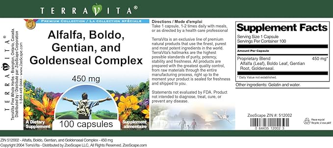 Alfalfa Boldo Gentian and Goldenseal Complex - 450 mg (100 Capsules ZIN: 512002) - 3 Pack