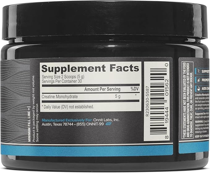 ONNIT Creatine Monohydrate Powder IGEN™ Non-GMO Tested – 5g Premium Creatine for Muscle Strength Power &amp Lean Mass Supports Brain Health &amp Cellular Energy Unflavored 30 Servings 5.29 oz