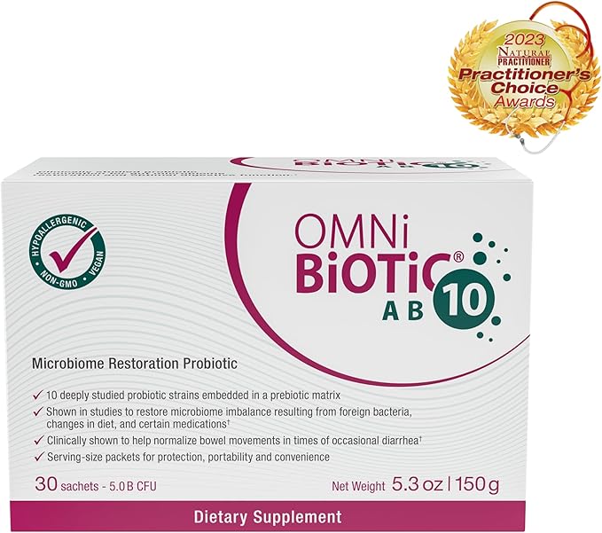 OMNi BiOTiC AB 10 - Clinically Tested Restorative Probiotic - Supports &amp Restores Gut Flora &amp Digestion - Digestive Probiotic for Diarrhea - Vegan Hypoallergenic Non-GMO (30 Daily Packets)