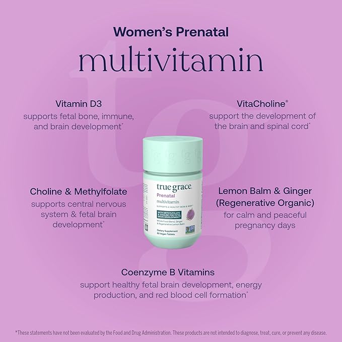 True Grace Prenatal Multivitamin - 30 Servings - Supports a Healthy Mom &amp Baby with Methylfolate &amp Choline for Fetal Brain Development - Gluten Free Soy Free - 60 Vegan Tablets