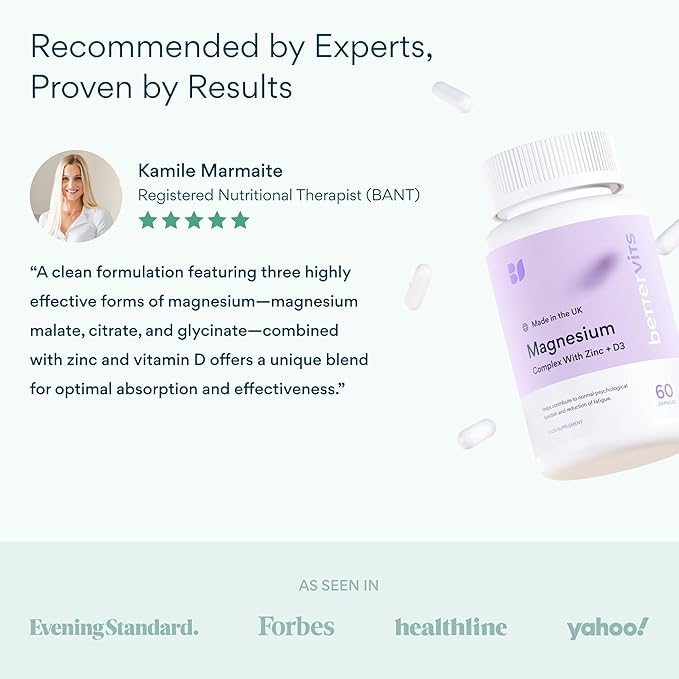 Bettervits Magnesium Glycinate Complex with Citrate Malate Zinc &amp Vitamin D3 | High Absorption Pure Magnesium 225mg Supplement Chelated Formula for Muscle Relaxation Sleep Support – 60 Capsules