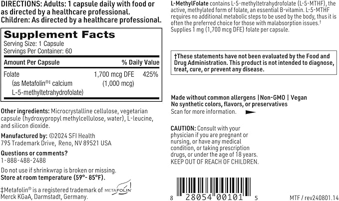 Klaire Labs SFI Health L-Methylfolate - 1000 mcg Folate Highly Bioavailable Hypoallergenic 1000 Micrograms (1 Milligram) Metafolin L-5-MTHF (60 Capsules)
