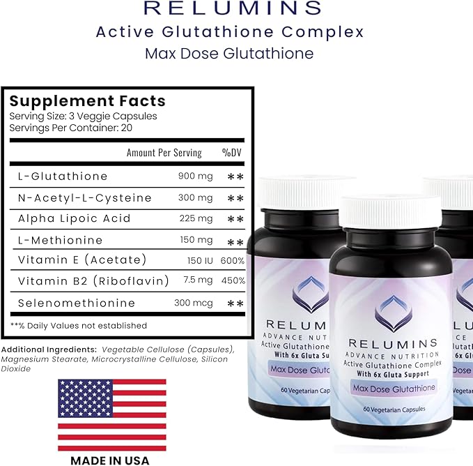 Relumins Advance White Active Glutathione Complex - Max Dose 900mg Glutathione with 6X Boosters ALA &amp NAC - Anti-Aging Skin Brightening Supplement Mother's Day Wellness - 60 Caps x 3 Bottles