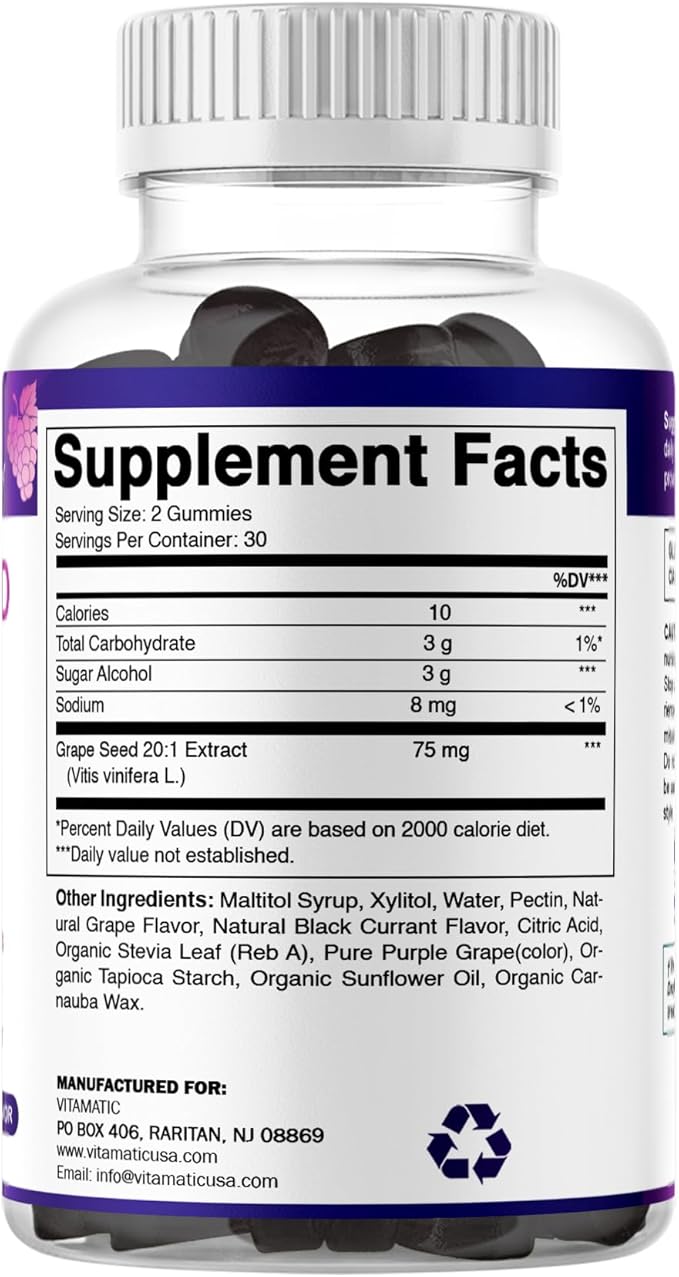 Vitamatic Grape Seed Extract Gummies – Plant-Based Botanical Extract – Natural Grape &amp Black Currant Flavor – Vegan Non-GMO – Herbal Supplement – 60 Gummies - 2 Pack