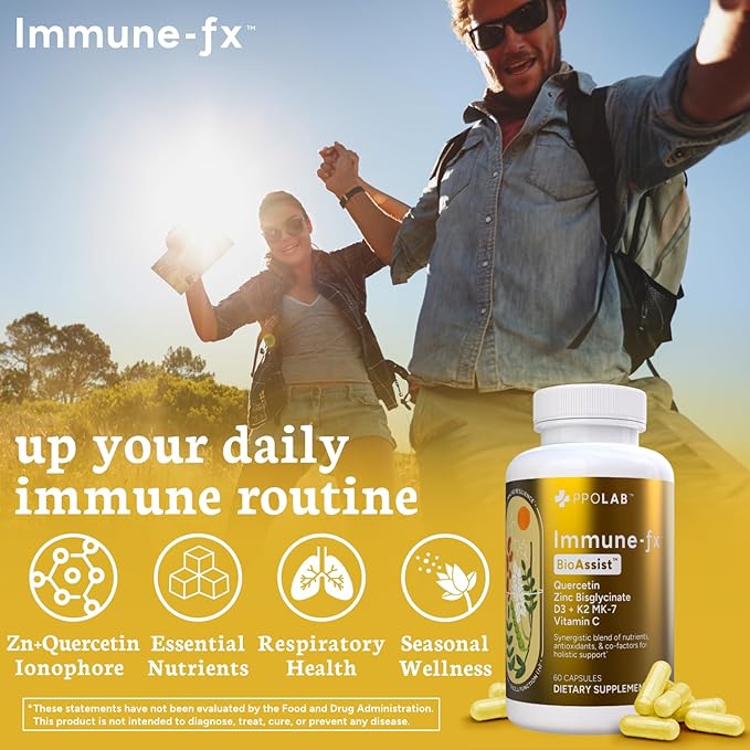 PPO Lab® Immune-fx™ Advanced Zinc Ionophore One-A-Day Immune Support Supplement with Zinc Bisglycinate Quercetin Vitamin C D3 K2 for Respiratory Heart Histamine Antioxidant Health 60 Capsules