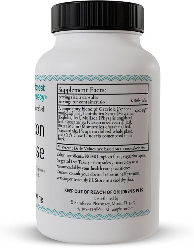 Rainforest Pharmacy N-Tense Soursop Graviola Capsules 500mg | Wildcrafted Graviola Plus 7 Amazon Rainforest Herbs to Supports Normal Cellular Health| 120 Vegetarian Capsules