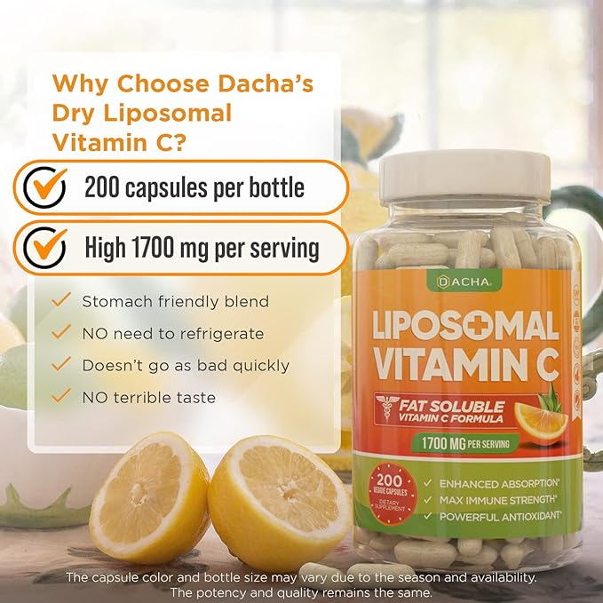 DACHA Natural Liposomal Vitamin C - 1700mg 200 Capsules Immune System &amp Collagen Booster High Absorption Fat Soluble VIT C Buffered Skin Vitamins Vegeterian Vegan
