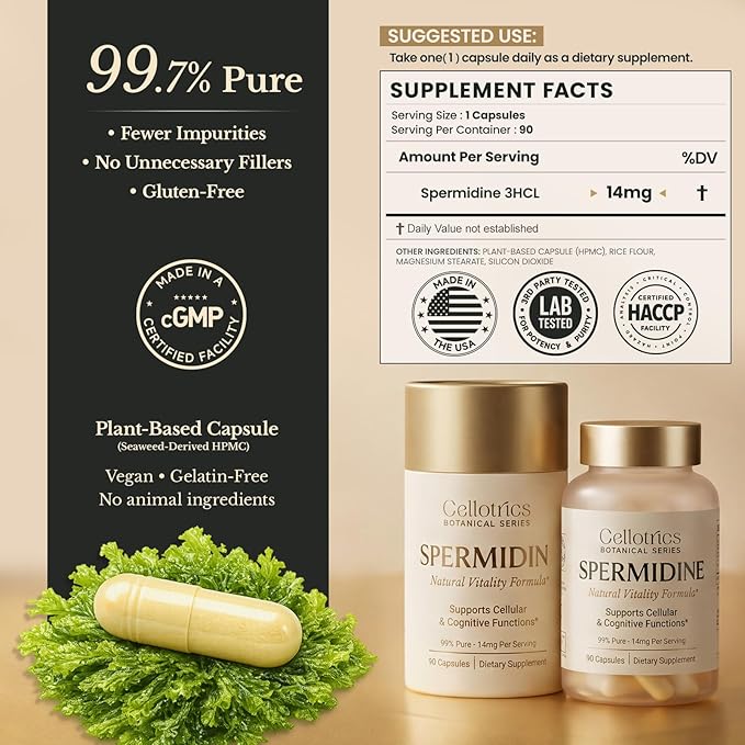 Spermidine Supplements - 1260mg | Ultra-Pure 99% Spermidine Made in USA &amp USA 3rd-Party Tested |100x More Potent Spermidine Supplements for Women &amp Men Longevity Support