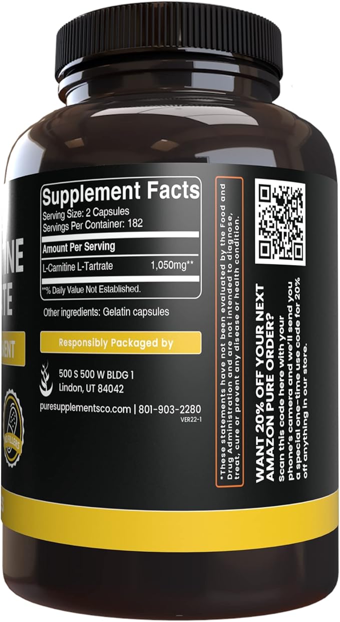PURE ORIGINAL INGREDIENTS L-Carnitine Tartrate (365 Capsules) No Magnesium Or Rice Fillers Always Pure Lab Verified