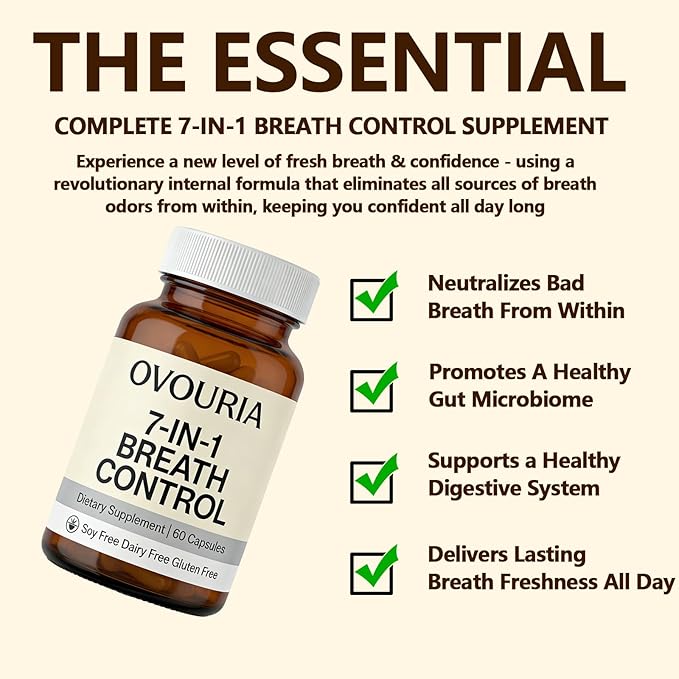 Ovouria Breath and Gut Balance - 7-in-1 Breath Control Targets Bad Breath at The Gut Root Natural Ingredients with Probiotics Vegan Gluten-Free 60 Capsules(1pc)