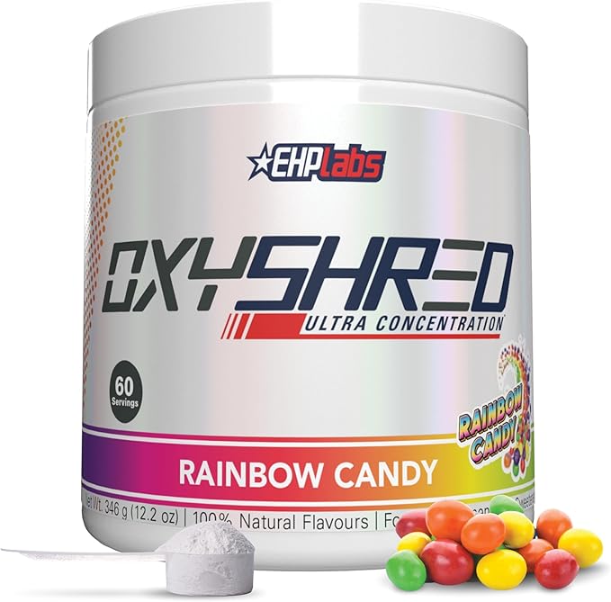 EHP Labs OxyShred Pre Workout Powder - Preworkout Powder with L Glutamine &amp Acetyl L Carnitine Energy Boost Drink - Rainbow Candy 60 Servings