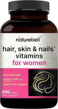 NatureBell Hair Skin &amp Nails* Vitamins for Women – 5000mcg Biotin Collagen Keratin Hyaluronic Acid Argan Oil &amp B‑Complex – 21‑in‑1 Formula with MCT Oil 300 Softgels (100 Days Supply)