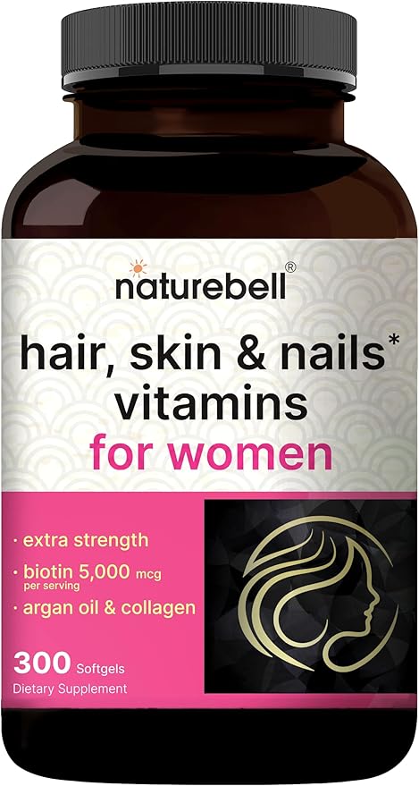 NatureBell Hair Skin &amp Nails* Vitamins for Women – 5000mcg Biotin Collagen Keratin Hyaluronic Acid Argan Oil &amp B‑Complex – 21‑in‑1 Formula with MCT Oil 300 Softgels (100 Days Supply)