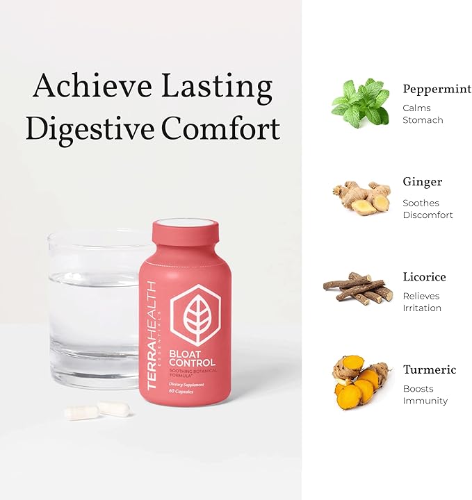 Terra Health Essentials Bloat Control | Fast-Acting No Bloat Relief w/Digestive Enzymes Probiotic Strains for Targeted Anti Bloat Support - Lactase Lipase Protease &amp Amylase for Digestive Healt