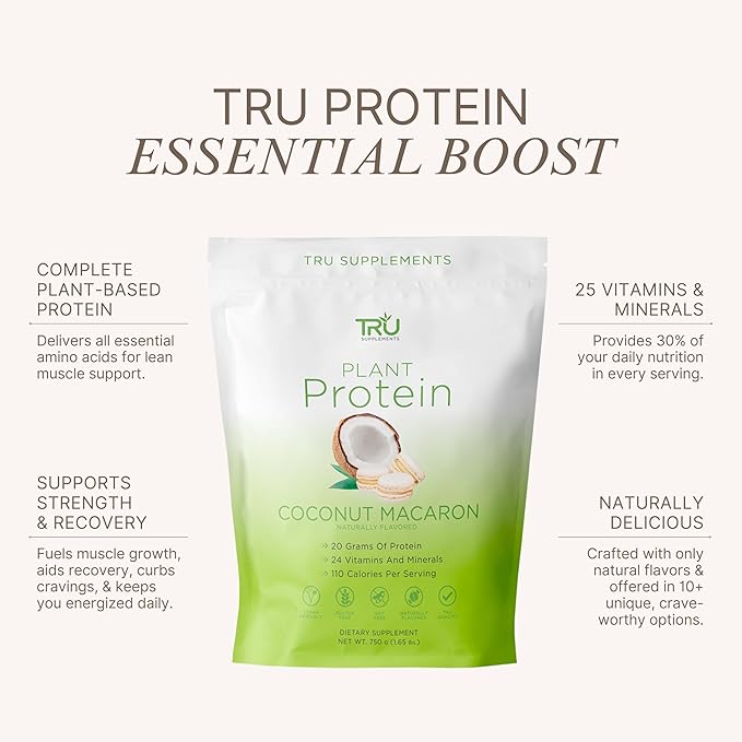 TRU Supplements Plant Based Protein Powder BCAA EAA 20g Vegan Brown Rice &amp Pea Protein 100 Calories 27 Vitamins No Artificial Flavors 25 Servings (Coconut Macaron)