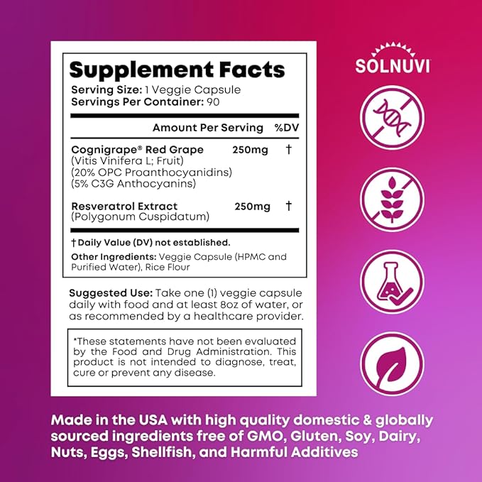 Resveratrol Complex Supplement with Clinically Tested Cognigrape Red Grape Extract OPC Proanthocyanidins - Antioxidant &amp Brain Health Support - 90 Veggie Capsules Non-GMO Gluten-Free Vegan