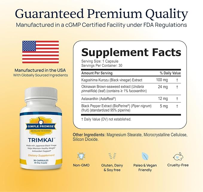 Simple Promise TrimKai - Japanese Black Vinegar Capsules for Metabolism Support - with Astaxanthin 12mg Seaweed &amp Black Pepper Extract - Plant-Based Formula - 30 Capsules