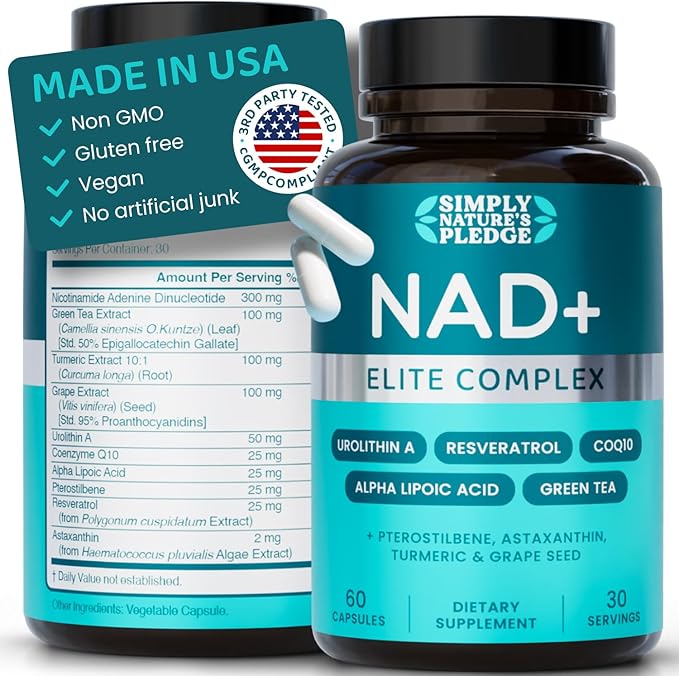 NAD+ Elite Complex – Direct NAD+ 300 mg with Urolithin A Resveratrol CoQ10 &amp Antioxidant Blend – Cellular Energy Mitochondrial Support &amp Healthy Aging – Vegan Non-GMO 60 Capsules (30 Serv