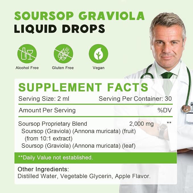 Organic Soursop Graviola Bitters Liquid Drops Soursop Extract Organic Pure Rich in Multivitamin for Natural Antioxidant Cell Support &amp Regeneration - 2 Fl Oz Apple Flavor - 30 Day Vegan Supply