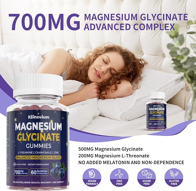 700mg Magnesium Glycinate Gummies Highly Absorbed Sugar-Free Calm Magnesium Complex Gummies - with L-Theanine and B6 - Magnesium Supplements for Sleep CalmRelax &amp Immune Function (Blueberry)