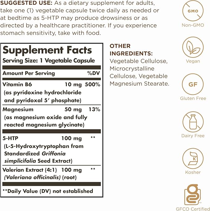 Solgar 5-HTP 100 mg - 90 Vegetable Capsules - Promotes Relaxation - Non-GMO Vegan Kosher &amp Gluten Free - 90 Servings