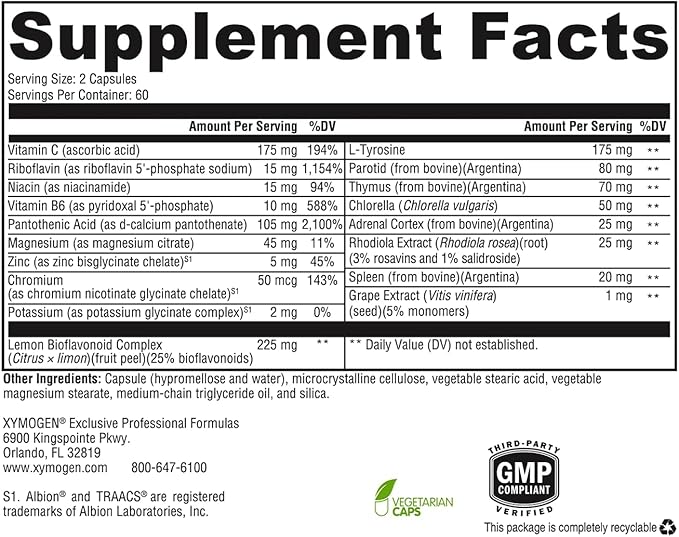 XYMOGEN Adrenal Manager - Adrenal Health Supplement for Everyday Stress Support - Argentinian Bovine Tissues - Pantothenic Acid Vitamin C Vitamin B6 - Dairy-Free &amp Gluten-Free - 120 Capsules