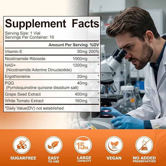 NAD+ Liquid Supplement - 1200mg Advanced Cellular Rejuvenation for Cellular Vitality Energy Metabolism &amp Antioxidant Support - Boosts Energy &amp Focus - 10 Count (15ml Packs)