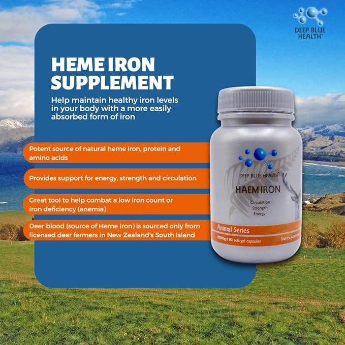New Zealand Heme Iron Supplement - 1000mg x 90 Soft Gel Capsules - Iron Deficiency Supplement for Anemia - Deer Blood w/ Ferrous Fumarate - Supports Energy Strength and Circulation for Men and Women