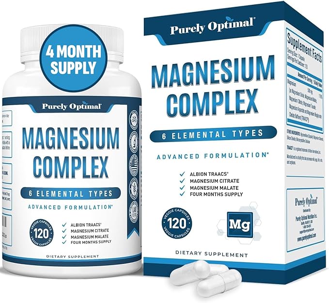 Purely Optimal Magnesium Complex - 6 Forms Magnesium Glycinate Citrate &amp Malate - Sleep Support Stress Relief Muscles Heart Health &amp Relaxation - Magnesium Supplement for Women &amp Men