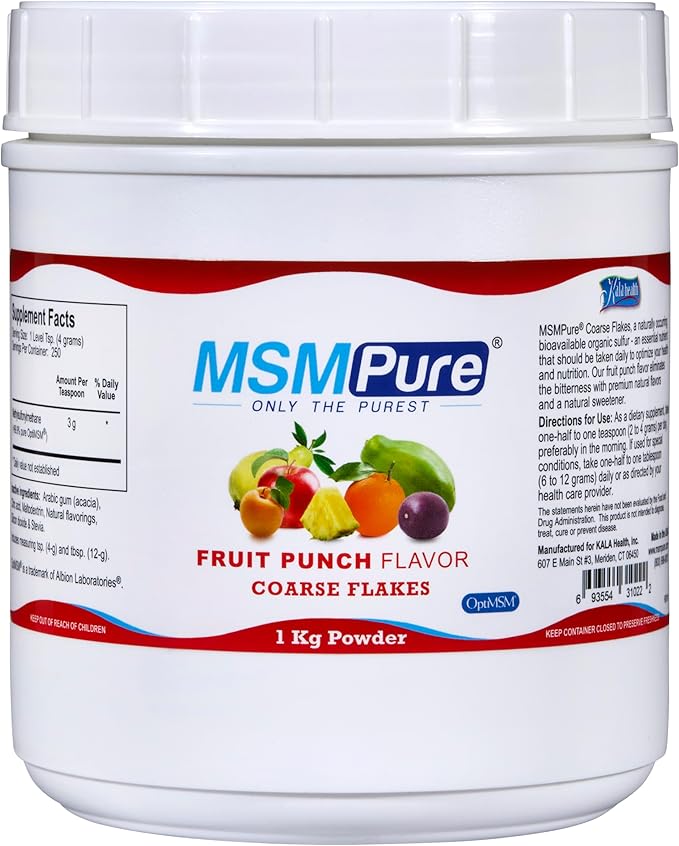 KALA HEALTH MSMPure Fruit Punch Flavored Coarse MSM Powder Flakes – US-Made MSM for Joint Health Skin Appearance and Hair &amp Nail Support – 2.2 lb Organic Sulfur
