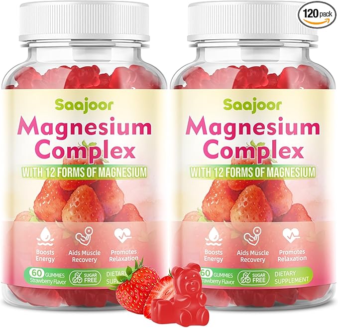 2 Pack Magnesium Complex Gummies – with 12 Forms of Magnesium (Citrate Glycinate Malate Oxide and More) Plus Vitamins B6 B12 and C. for Women and Men – Strawberry Flavor 120 Count