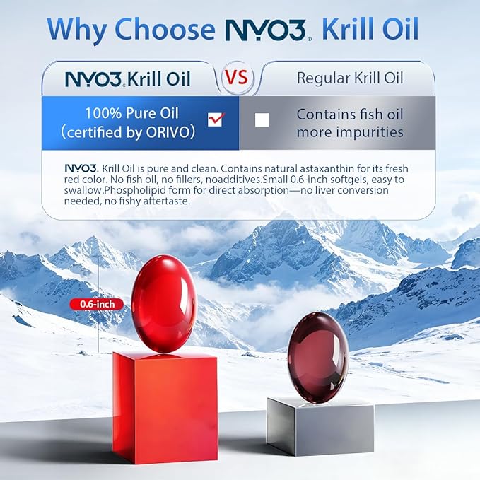 NYO3 Pure Antarctic Krill Oil Omega 3 Supplement 56% Phospholipids for Maximum Nutrient Delivery Upgraded Fish Oil with Choline &amp Antioxidant Astaxanthin for Heart Brain No Fishy Burps 90 Soft