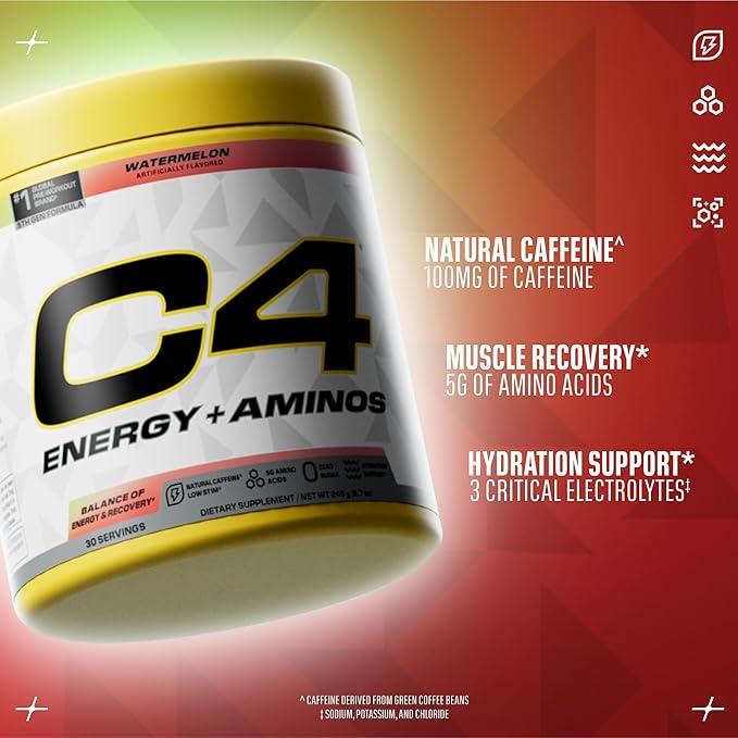 Cellucor C4 Energy + Aminos Powder 5g BCAAs &amp EAAs for Muscle Recovery 3 Electrolytes for Hydration 100mg Natural Caffeine Pre Workout Zero Sugar 30 Servings Watermelon