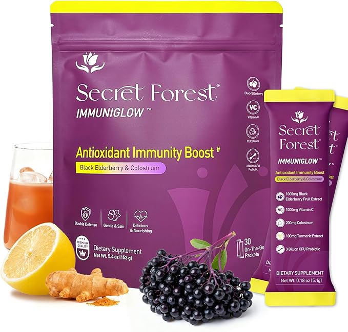 Secret Forest ImmuniGlow 1000mg Vitamin C 1000mg Black Elderberry Probiotics Colostrum Turmeric &amp Zinc – Antioxidant &amp Recovery Formula Daily Immunity &amp Gut Support Drink Mix (30 Pac