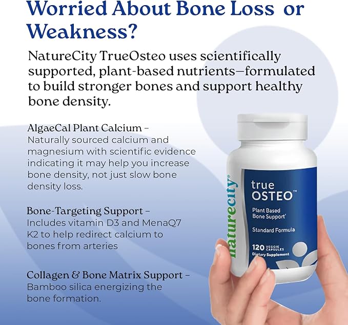 NatureCity True-Osteo Plant-Based Supplement for Bone Strength | AlgaeCal Calcium &amp Magnesium Plant-Based Vitamin D3 Vitamin K2 Silicon| Gentle on Stomach (120 Veggie Capsules)